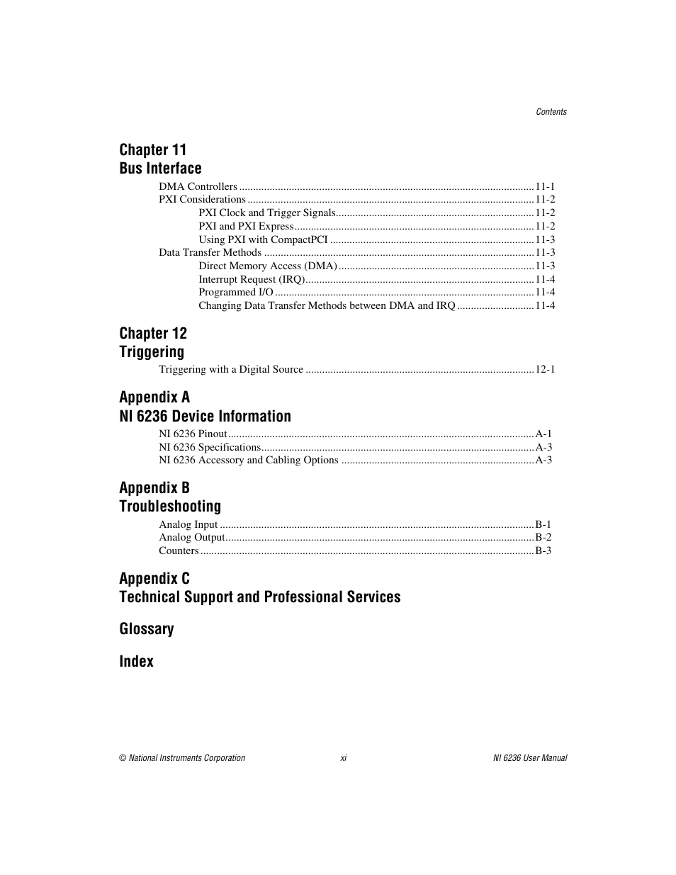 Chapter 11 bus interface, Chapter 12 triggering, Appendix a ni 6236 device information | Appendix b troubleshooting | National Instruments DAQ M Series User Manual | Page 10 / 162