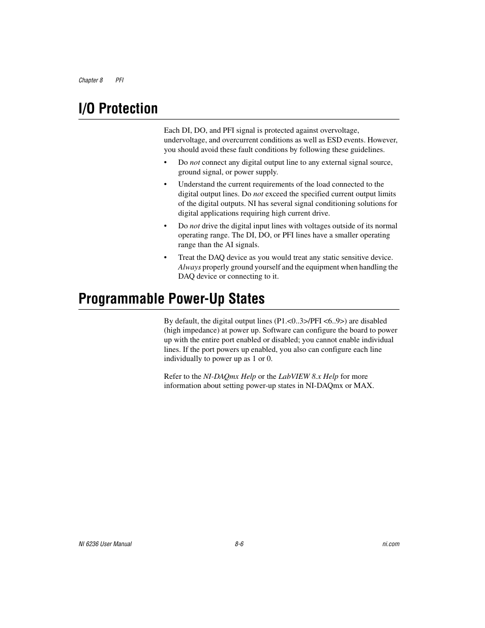 I/o protection, Programmable power-up states, I/o protection -6 programmable power-up states -6 | National Instruments DAQ M Series User Manual | Page 106 / 162