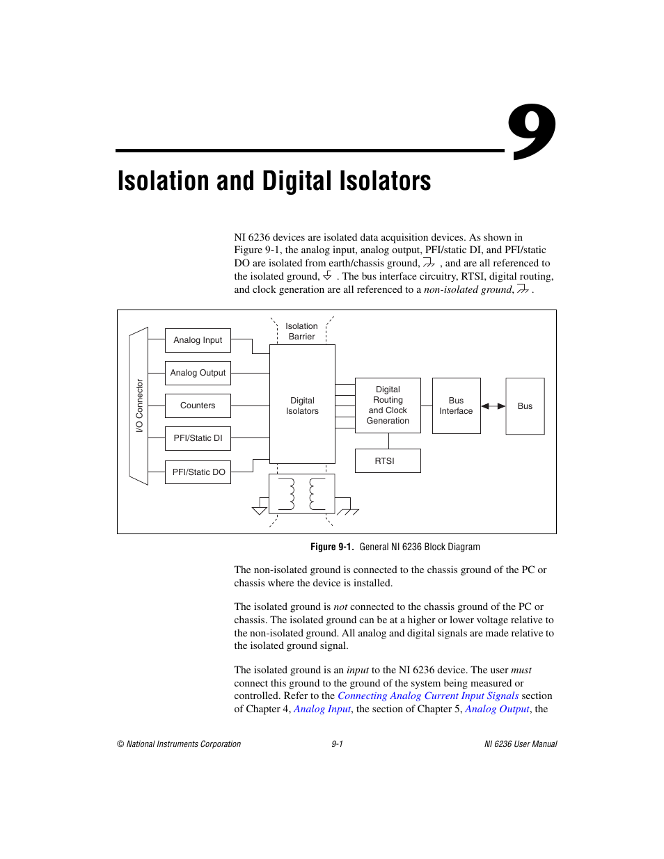 Chapter 9 isolation and digital isolators, Figure 9-1. general ni 6236 block diagram, Isolation and digital isolators | National Instruments DAQ M Series User Manual | Page 107 / 162