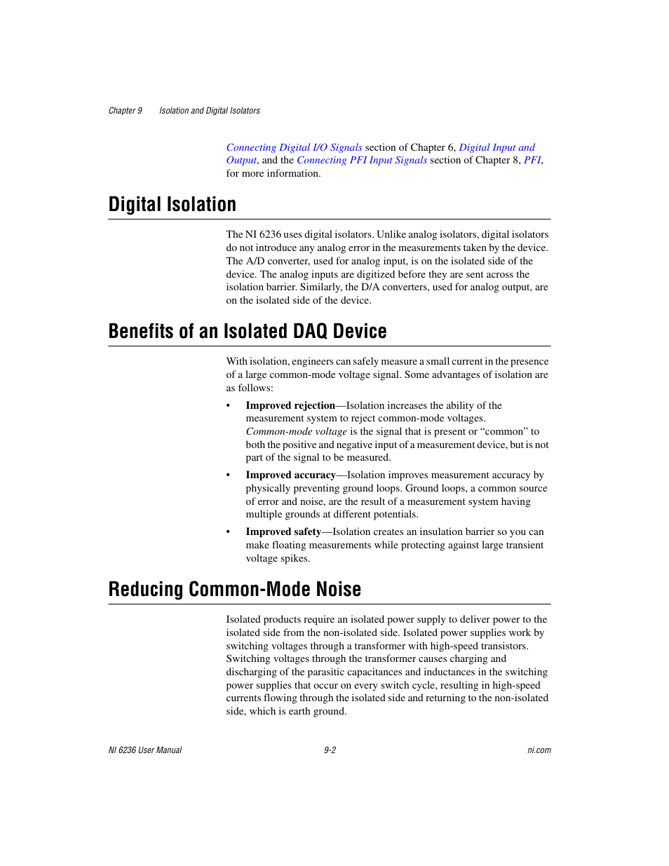 Digital isolation, Benefits of an isolated daq device, Reducing common-mode noise | National Instruments DAQ M Series User Manual | Page 108 / 162