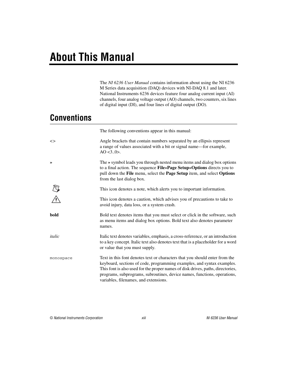 About this manual, Conventions | National Instruments DAQ M Series User Manual | Page 11 / 162