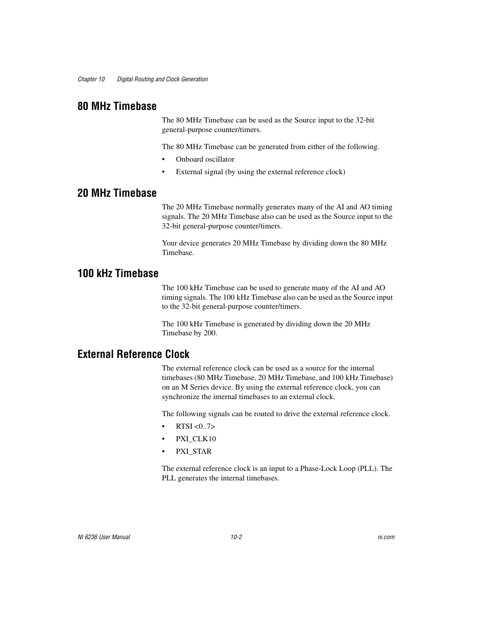 80 mhz timebase, 20 mhz timebase, 100 khz timebase | External reference clock | National Instruments DAQ M Series User Manual | Page 111 / 162