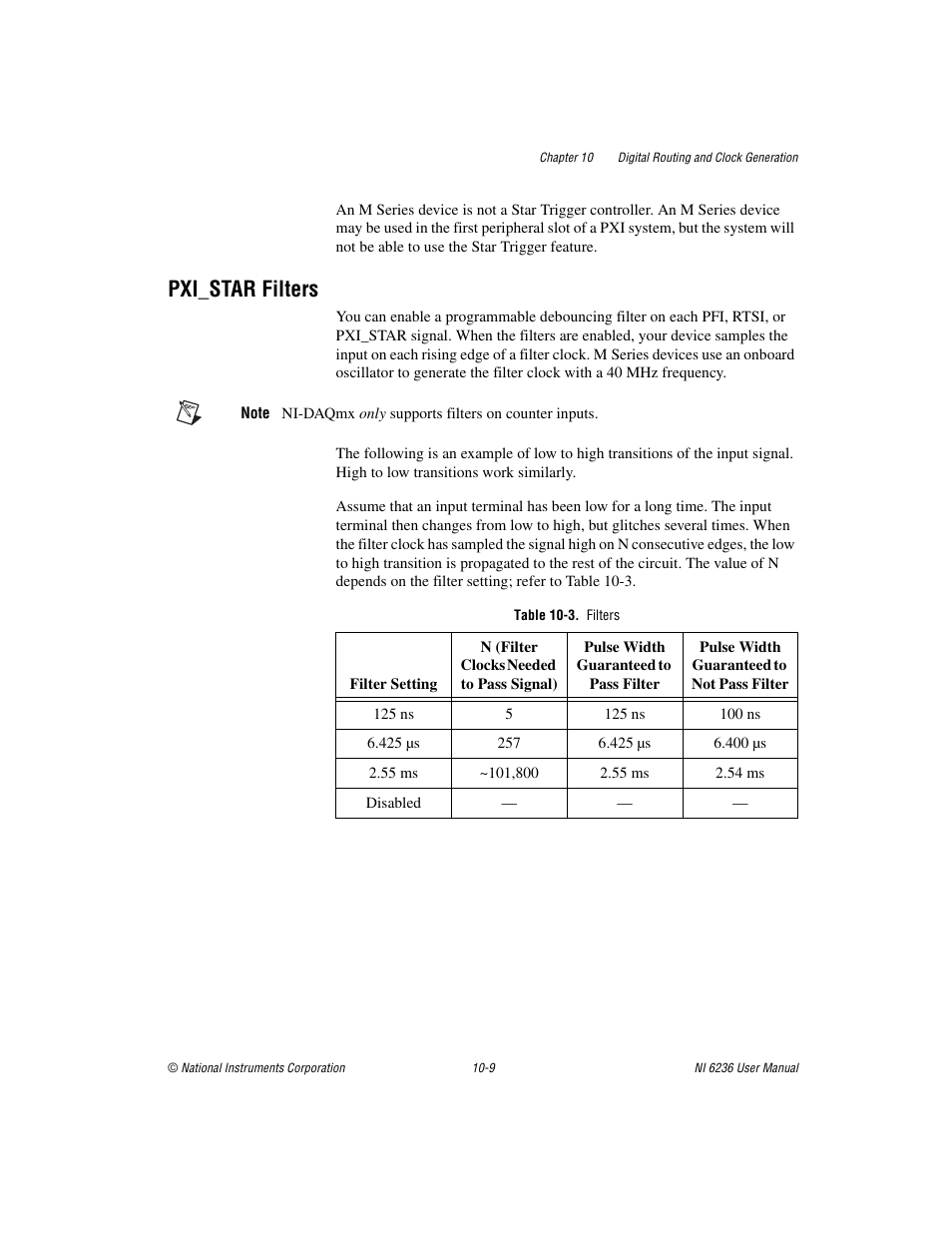 Pxi_star filters, Table 10-3. filters, Pxi_star filters -9 | National Instruments DAQ M Series User Manual | Page 118 / 162