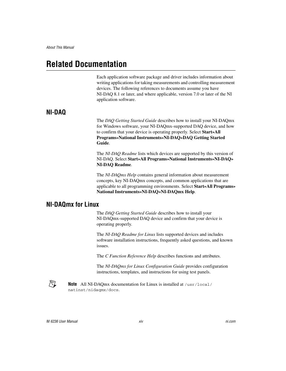 Related documentation, Ni-daq, Ni-daqmx for linux | National Instruments DAQ M Series User Manual | Page 12 / 162