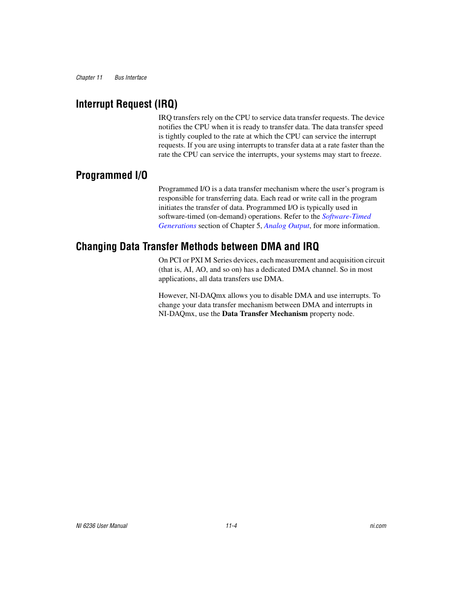 Interrupt request (irq), Programmed i/o, Changing data transfer methods between dma and irq | National Instruments DAQ M Series User Manual | Page 123 / 162