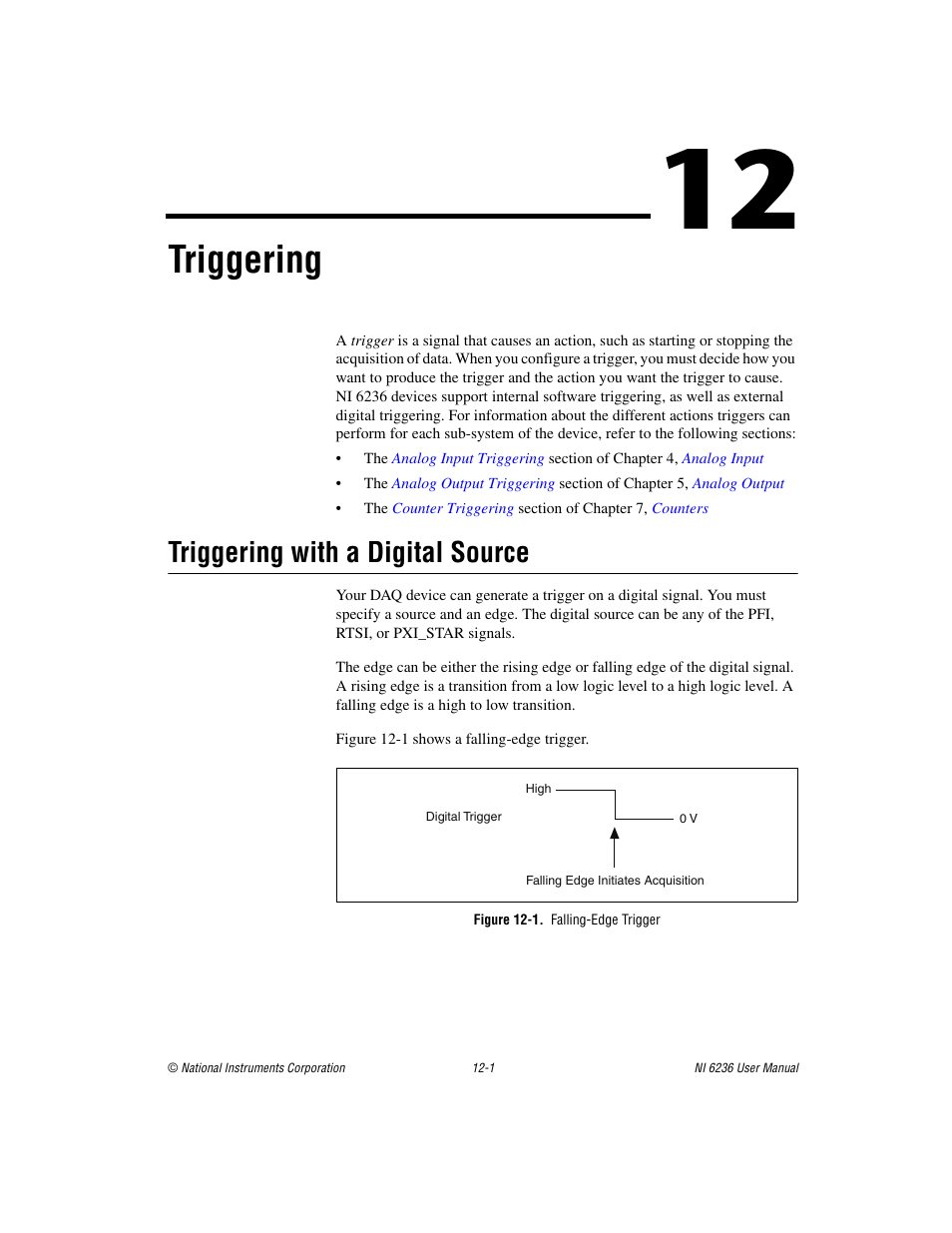 Chapter 12 triggering, Triggering with a digital source, Figure 12-1. falling-edge trigger | Triggering with a digital source -1, Triggering | National Instruments DAQ M Series User Manual | Page 124 / 162