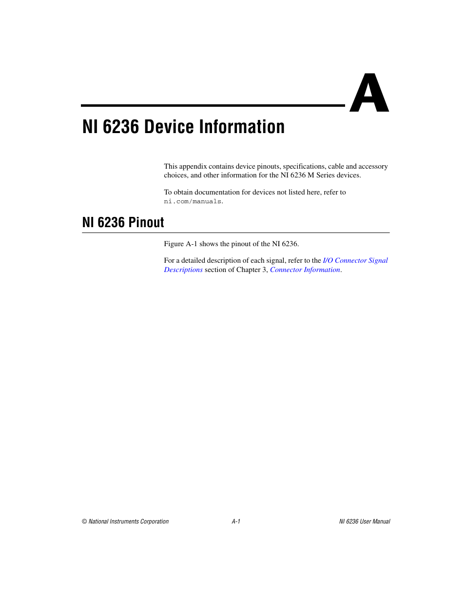 Appendix a ni 6236 device information, Ni 6236 device information, Ni 6236 | Device information, Ni 6236 pinout | National Instruments DAQ M Series User Manual | Page 126 / 162