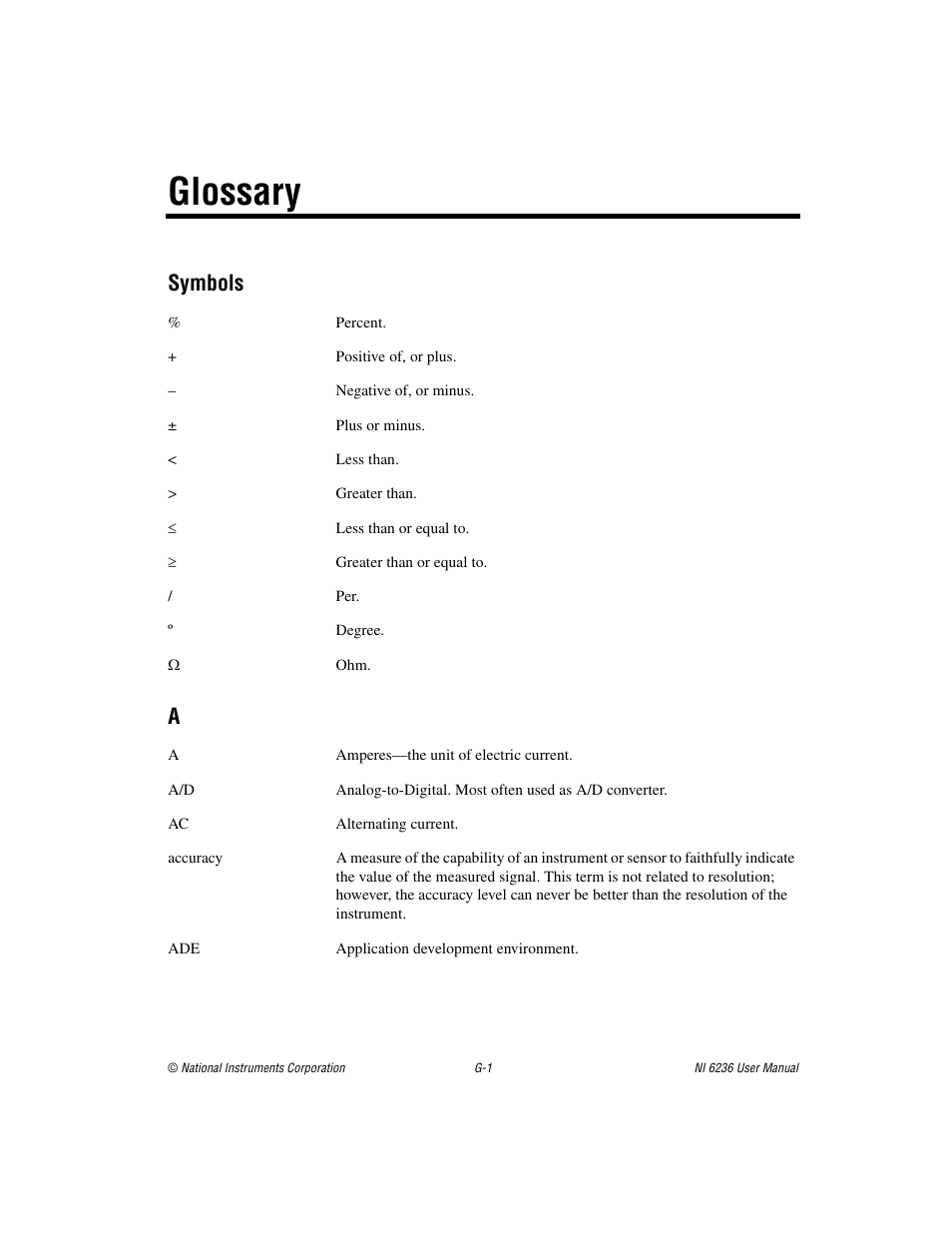Glossary, Symbols | National Instruments DAQ M Series User Manual | Page 135 / 162