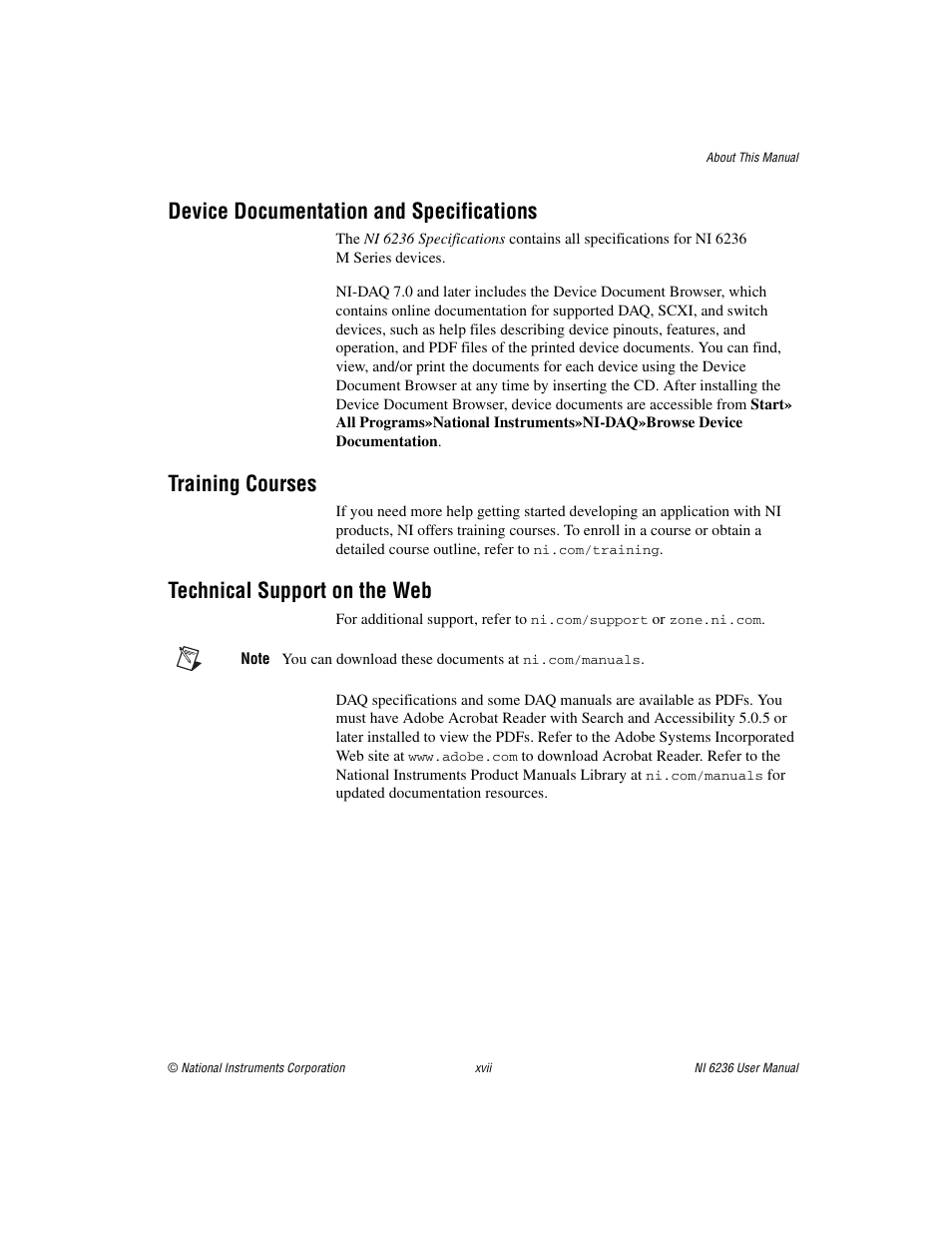 Device documentation and specifications, Training courses, Technical support on the web | National Instruments DAQ M Series User Manual | Page 15 / 162