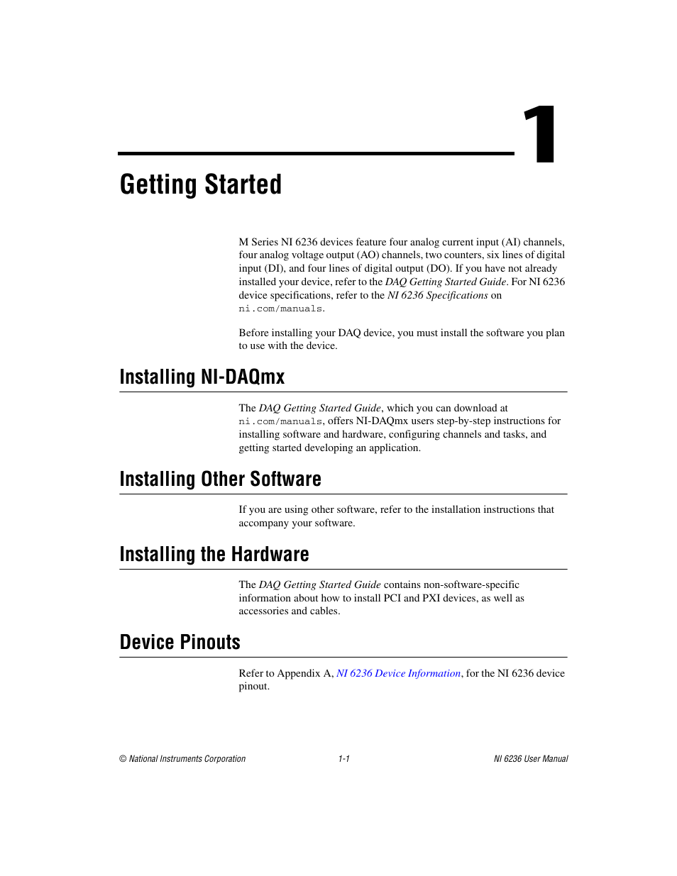 Chapter 1 getting started, Installing ni-daqmx, Installing other software | Installing the hardware, Device pinouts, Getting started | National Instruments DAQ M Series User Manual | Page 16 / 162