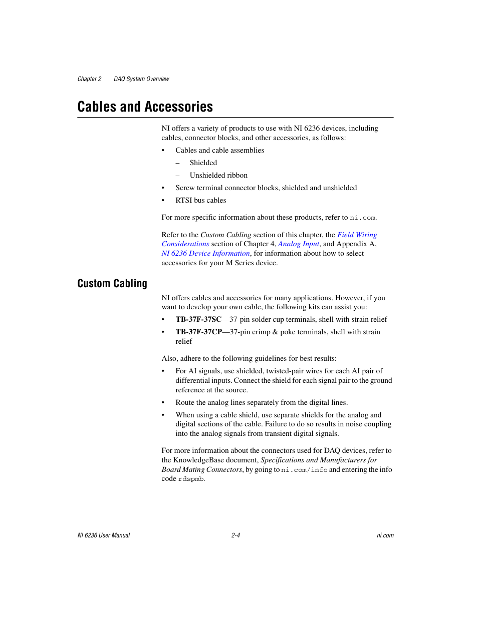 Cables and accessories, Custom cabling, Cables and accessories -4 | Custom cabling -4 | National Instruments DAQ M Series User Manual | Page 21 / 162