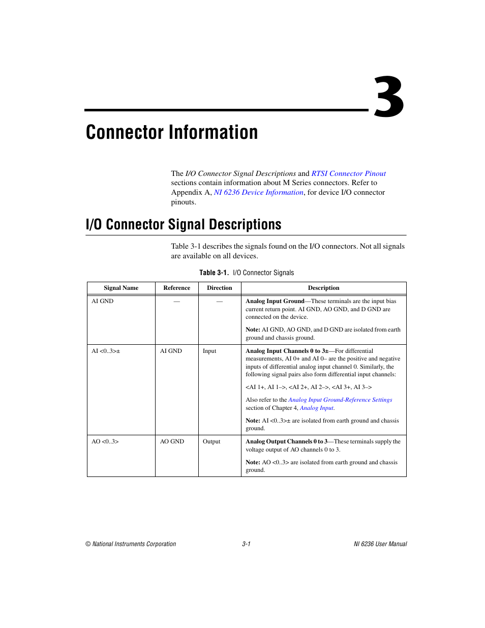 Chapter 3 connector information, I/o connector signal descriptions, Table 3-1. i/o connector signals | I/o connector signal descriptions -1, Connector information | National Instruments DAQ M Series User Manual | Page 23 / 162