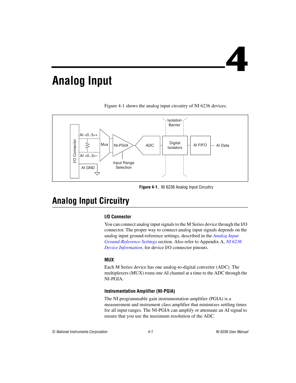 Chapter 4 analog input, Figure 4-1. ni 6236 analog input circuitry, Analog input circuitry | Analog input circuitry -1, Of chapter 4, Analog input | National Instruments DAQ M Series User Manual | Page 25 / 162