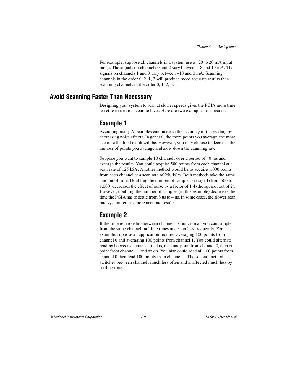 Avoid scanning faster than necessary, Example 1, Example 2 | Avoid scanning faster than necessary -9, Example 1 -9 example 2 -9 | National Instruments DAQ M Series User Manual | Page 33 / 162