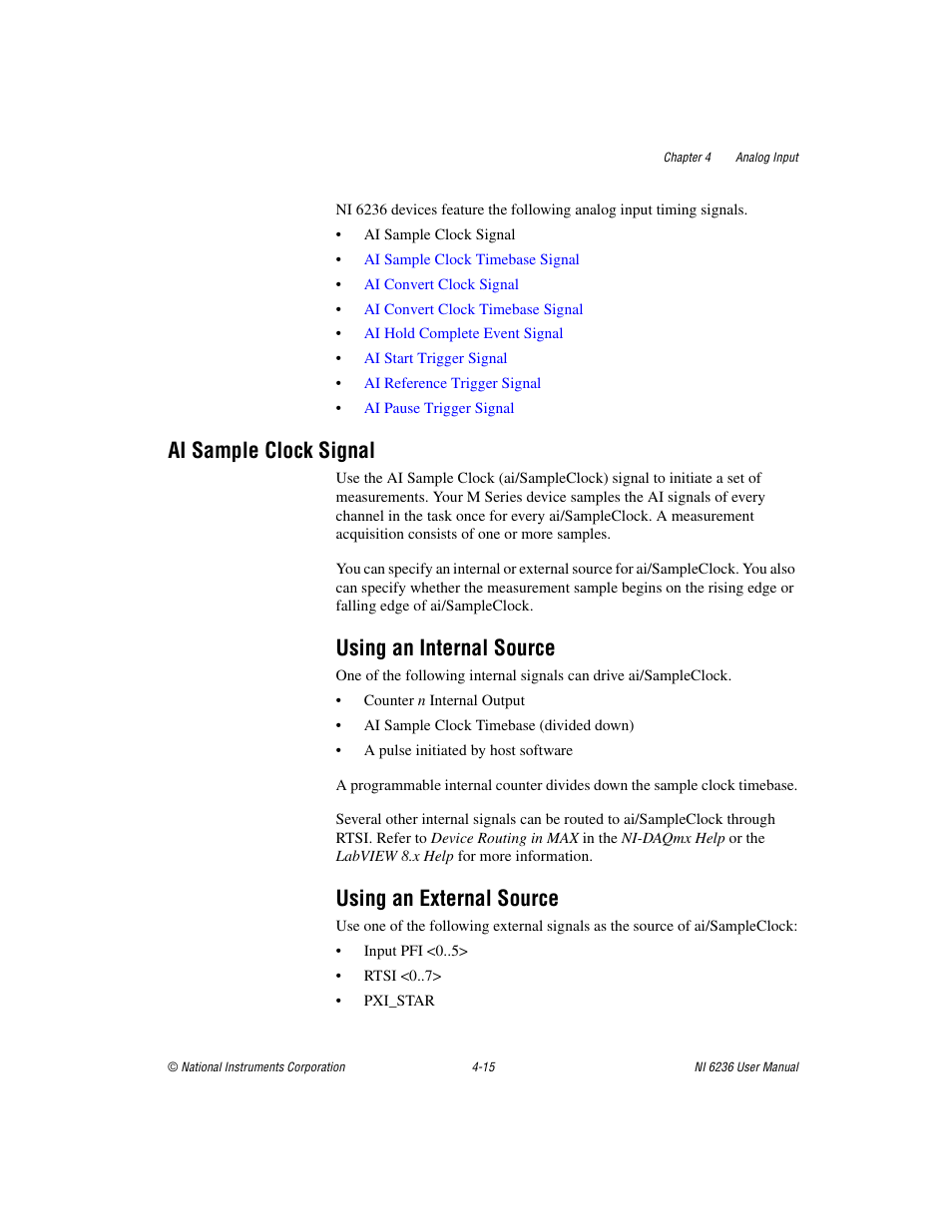 Ai sample clock signal, Using an internal source, Using an external source | Ai sample clock signal -15 | National Instruments DAQ M Series User Manual | Page 39 / 162