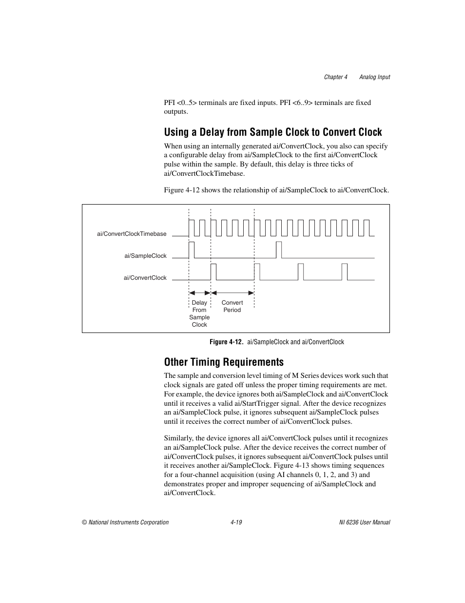 Using a delay from sample clock to convert clock, Figure 4-12. ai/sampleclock and ai/convertclock, Other timing requirements | National Instruments DAQ M Series User Manual | Page 43 / 162