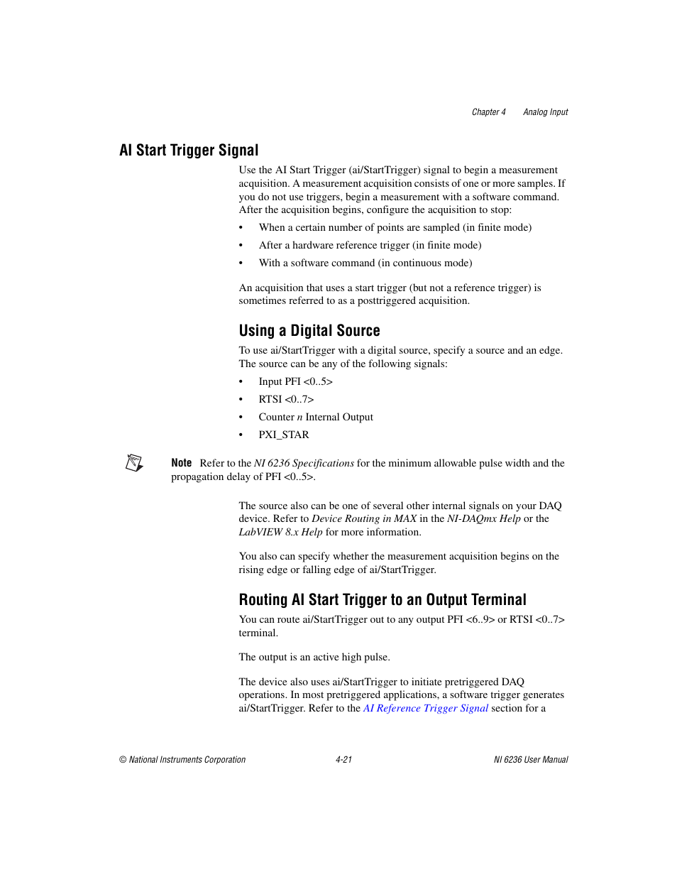 Ai start trigger signal, Using a digital source, Routing ai start trigger to an output terminal | Ai start trigger signal -21 | National Instruments DAQ M Series User Manual | Page 45 / 162