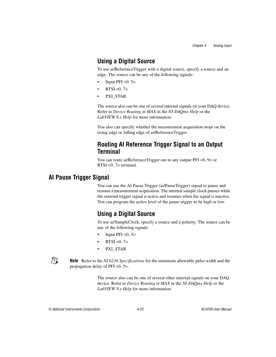 Using a digital source, Ai pause trigger signal, Ai pause trigger signal -23 | Using a digital source -23 | National Instruments DAQ M Series User Manual | Page 47 / 162