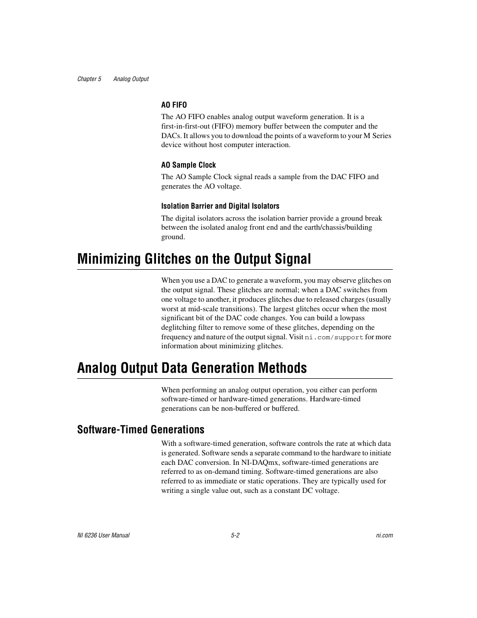 Minimizing glitches on the output signal, Analog output data generation methods, Software-timed generations | Software-timed generations -2 | National Instruments DAQ M Series User Manual | Page 50 / 162