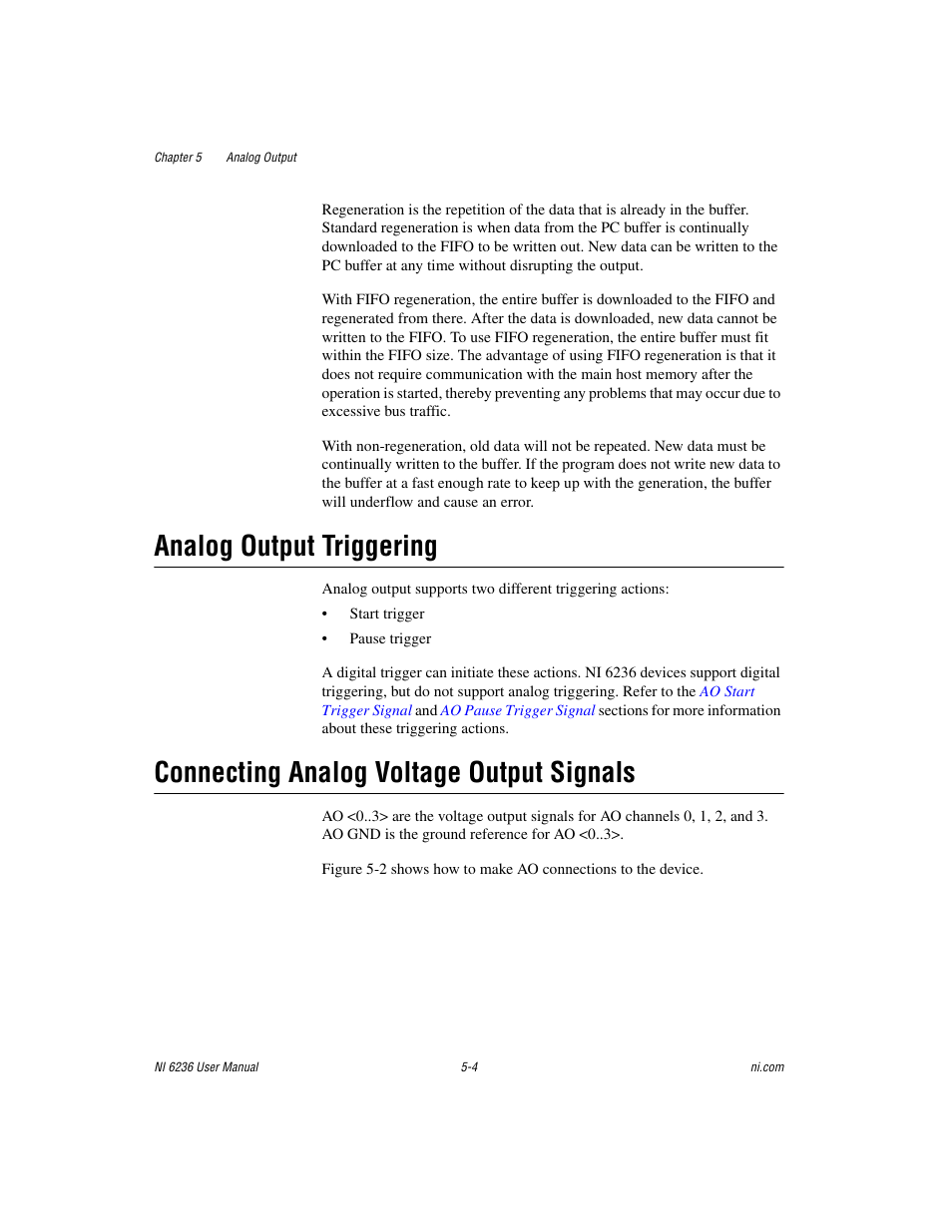 Analog output triggering, Connecting analog voltage output signals | National Instruments DAQ M Series User Manual | Page 52 / 162