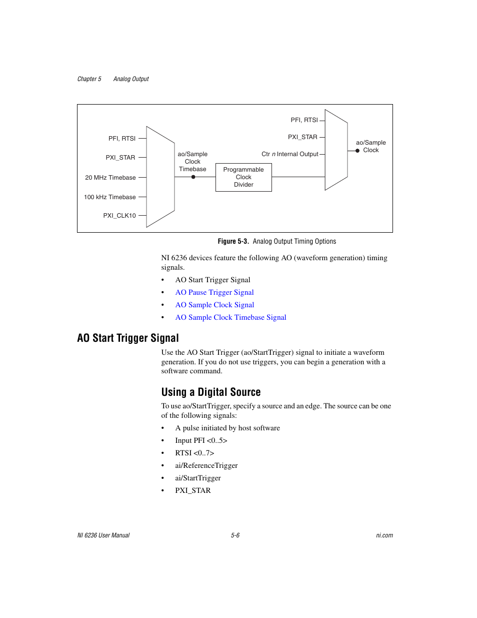 Figure 5-3. analog output timing options, Ao start trigger signal, Using a digital source | Ao start trigger signal -6, Using a digital source -6, Ao start, Trigger signal | National Instruments DAQ M Series User Manual | Page 54 / 162