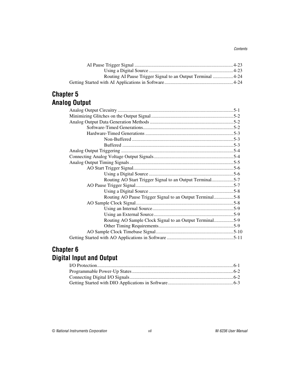 Chapter 5 analog output, Chapter 6 digital input and output | National Instruments DAQ M Series User Manual | Page 6 / 162