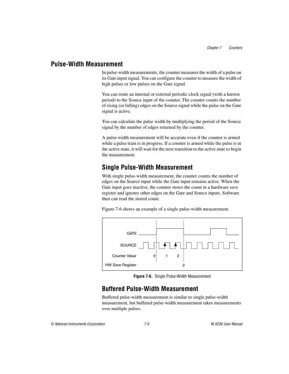 Pulse-width measurement, Single pulse-width measurement, Figure 7-6. single pulse-width measurement | Buffered pulse-width measurement, Pulse-width measurement -5 | National Instruments DAQ M Series User Manual | Page 67 / 162