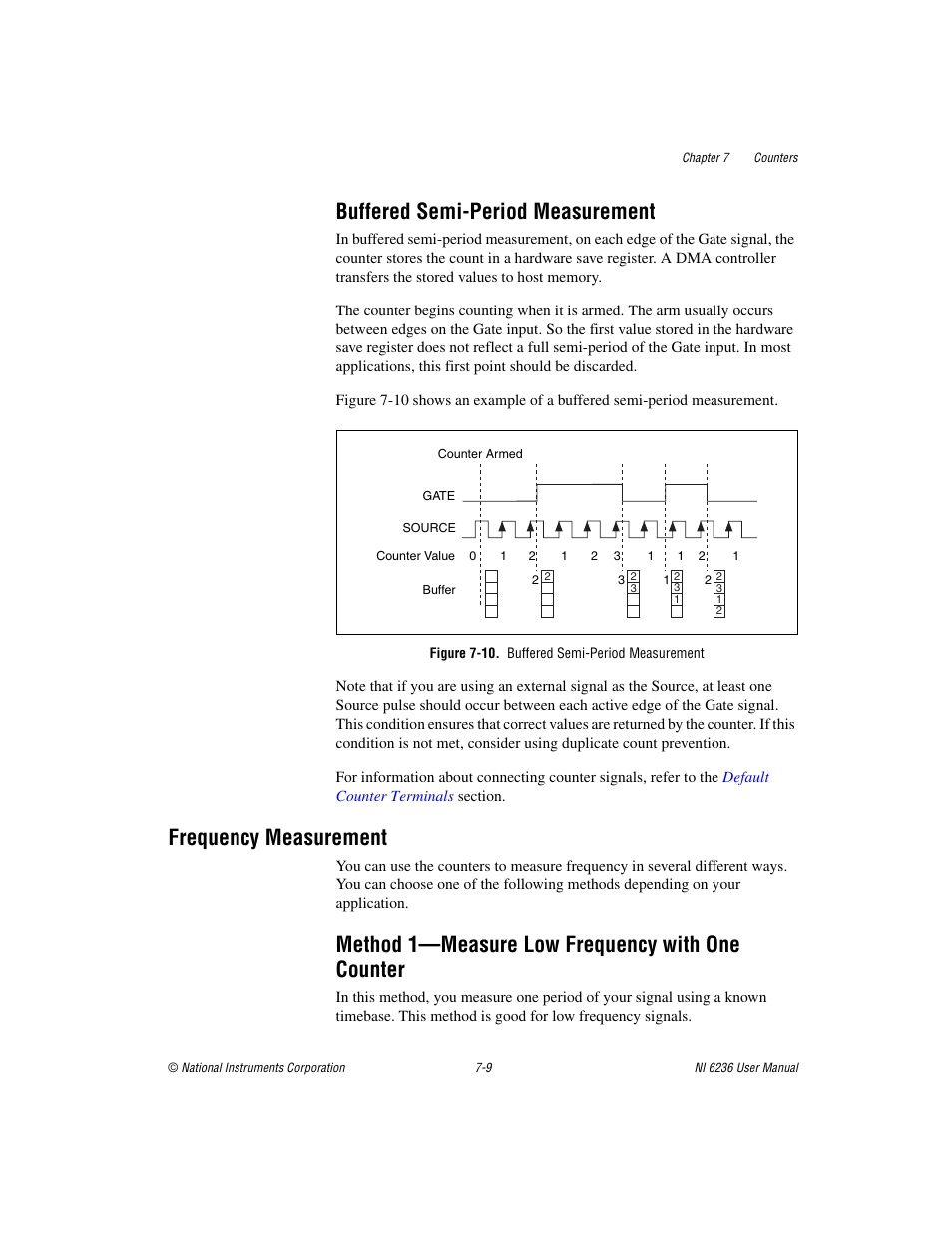 Buffered semi-period measurement, Figure 7-10. buffered semi-period measurement, Frequency measurement | Method 1-measure low frequency with one counter, Buffered semi-period measurement -9, Frequency measurement -9, Method 1—measure low frequency with one counter -9, Method 1—measure low frequency with one counter | National Instruments DAQ M Series User Manual | Page 71 / 162