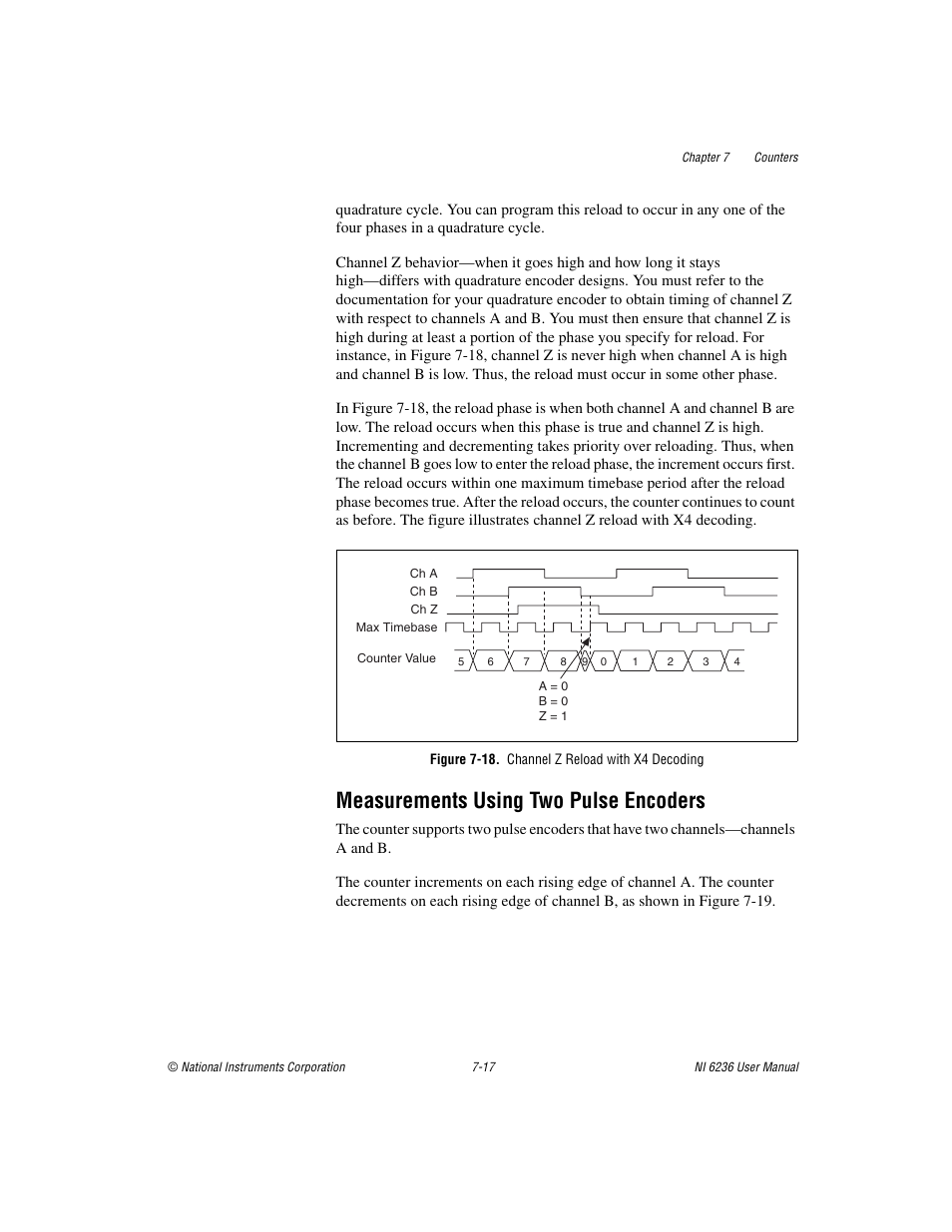 Figure 7-18. channel z reload with x4 decoding, Measurements using two pulse encoders, Measurements using two pulse encoders -17 | National Instruments DAQ M Series User Manual | Page 79 / 162