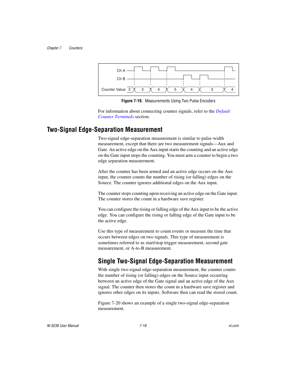 Figure 7-19. measurements using two pulse encoders, Two-signal edge-separation measurement, Single two-signal edge-separation measurement | Two-signal edge-separation measurement -18, Single two-signal edge-separation measurement -18 | National Instruments DAQ M Series User Manual | Page 80 / 162