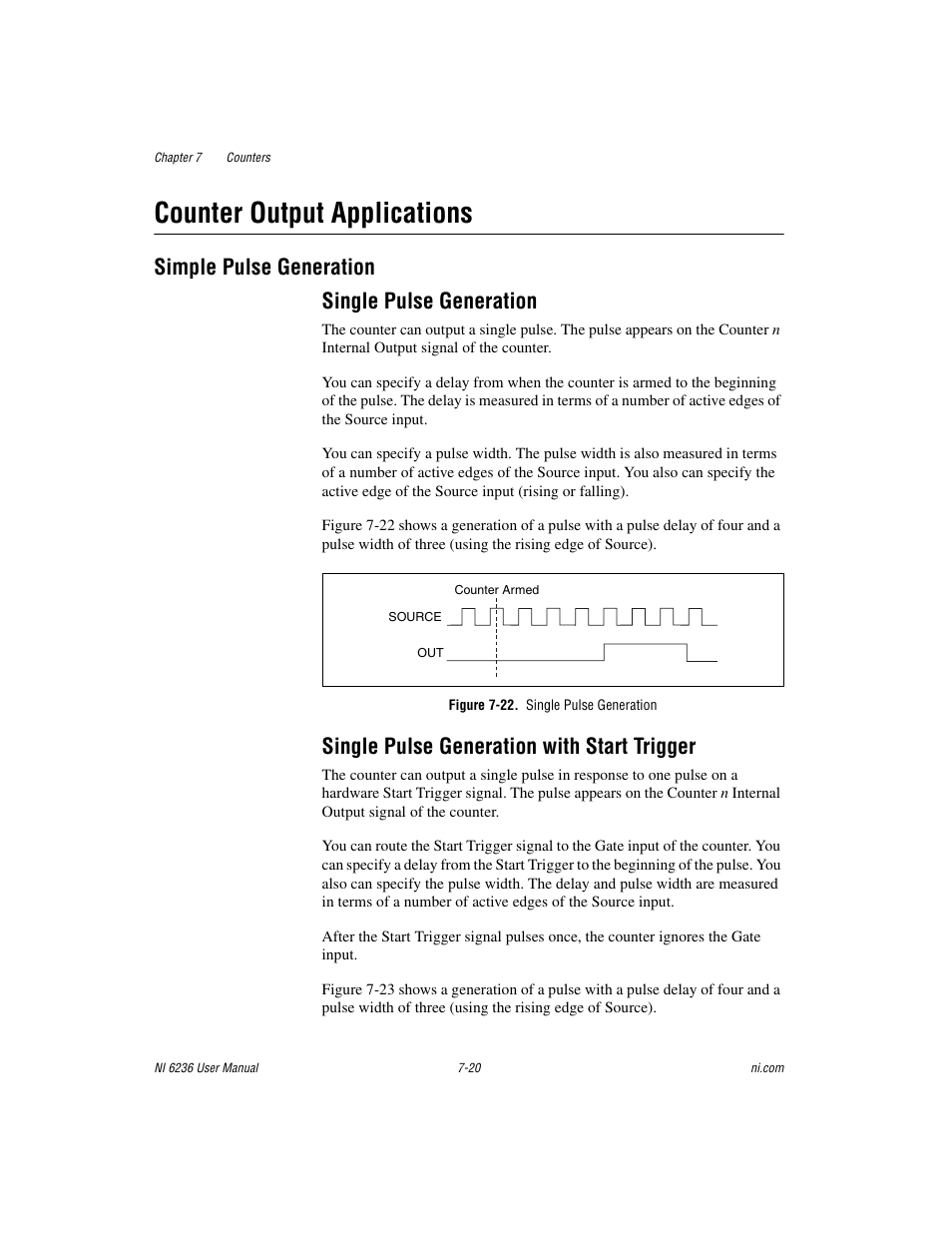 Counter output applications, Simple pulse generation, Single pulse generation | Figure 7-22. single pulse generation, Single pulse generation with start trigger, Counter output applications -20, Simple pulse generation -20, Simple pulse generation single pulse generation | National Instruments DAQ M Series User Manual | Page 82 / 162