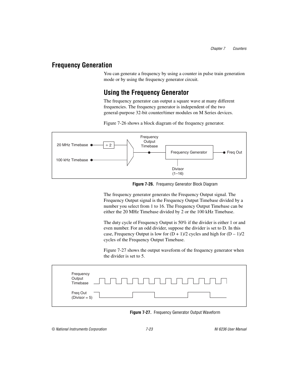 Frequency generation, Using the frequency generator, Figure 7-26. frequency generator block diagram | Figure 7-27. frequency generator output waveform, Frequency generation -23, Using the frequency generator -23 | National Instruments DAQ M Series User Manual | Page 85 / 162