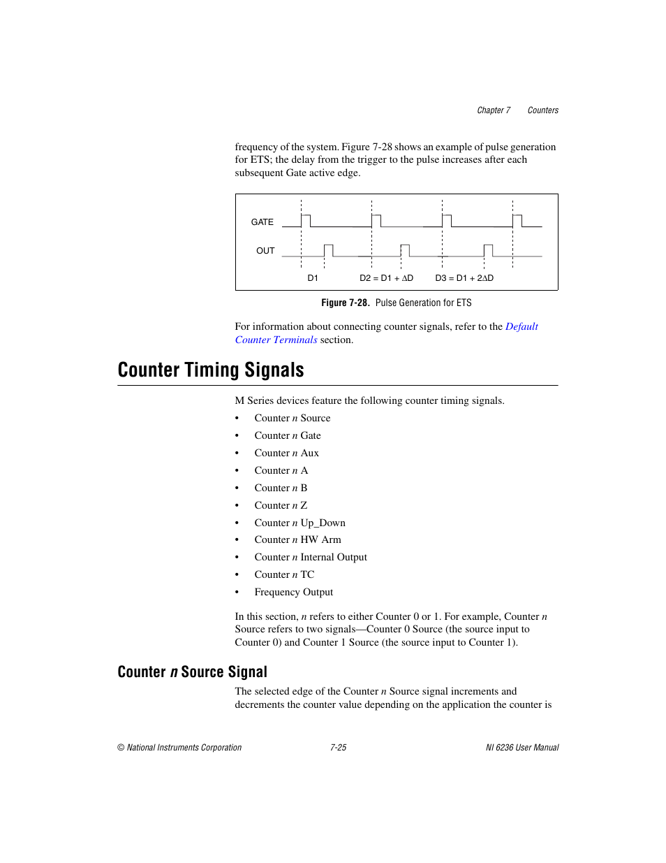 Figure 7-28. pulse generation for ets, Counter timing signals, Counter n source signal | Counter timing signals -25, Counter n source signal -25 | National Instruments DAQ M Series User Manual | Page 87 / 162