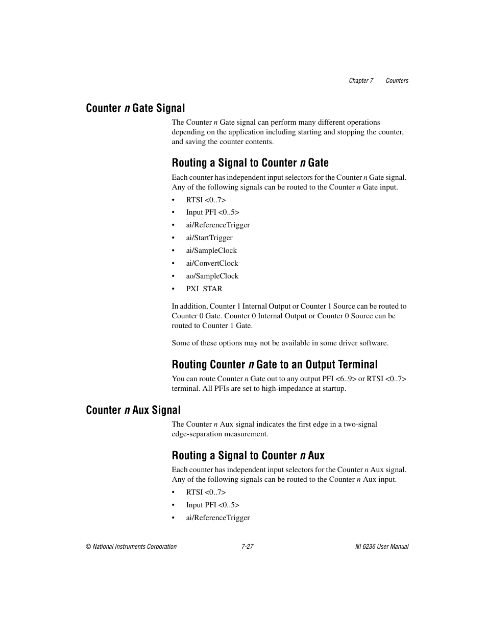 Counter n gate signal, Routing a signal to counter n gate, Routing counter n gate to an output terminal | Counter n aux signal, Routing a signal to counter n aux, Counter n gate signal -27, Counter n aux signal -27, Routing a signal to counter n aux -27 | National Instruments DAQ M Series User Manual | Page 89 / 162