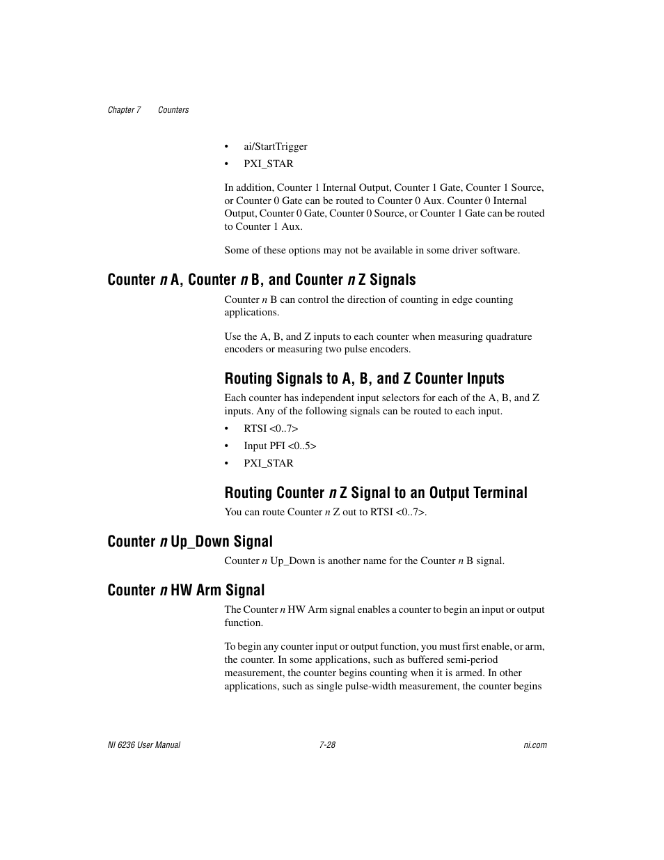 Counter n a, counter n b, and counter n z signals, Routing signals to a, b, and z counter inputs, Routing counter n z signal to an output terminal | Counter n up_down signal, Counter n hw arm signal | National Instruments DAQ M Series User Manual | Page 90 / 162