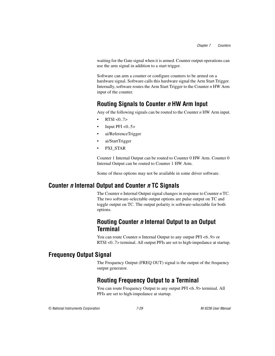 Routing signals to counter n hw arm input, Counter n internal output and counter n tc signals, Frequency output signal | Routing frequency output to a terminal, Routing signals to counter n hw arm input -29, Frequency output signal -29, Routing frequency output to a terminal -29 | National Instruments DAQ M Series User Manual | Page 91 / 162