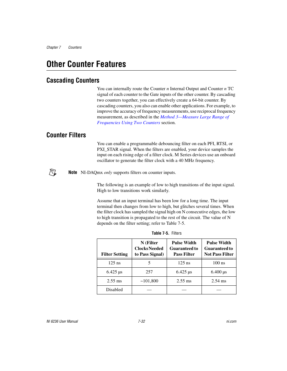 Other counter features, Cascading counters, Counter filters | Table 7-5. filters, Other counter features -32, Cascading counters -32 counter filters -32 | National Instruments DAQ M Series User Manual | Page 94 / 162