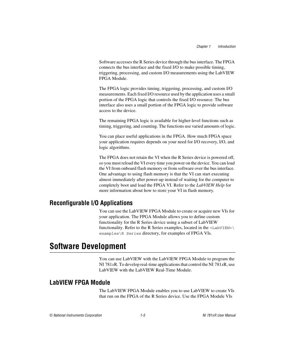 Reconfigurable i/o applications, Software development, Labview fpga module | Reconfigurable i/o applications -5, Software development -5, Labview fpga module -5 | National Instruments NI 781xR User Manual | Page 14 / 48