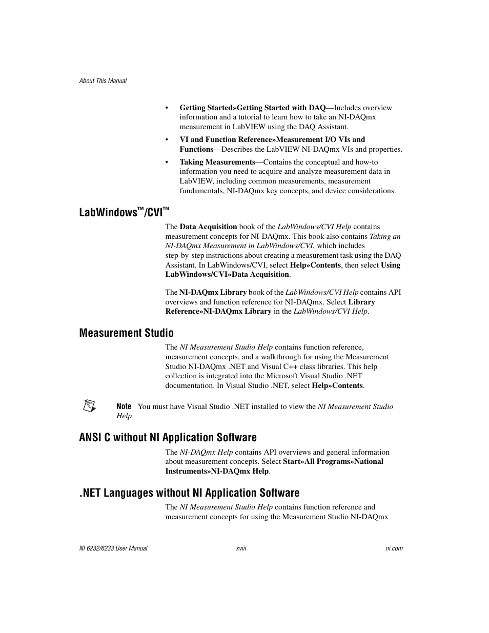 Labwindows™/cvi, Measurement studio, Ansi c without ni application software | Net languages without ni application software, Labwindows | National Instruments NI 6232 User Manual | Page 16 / 180