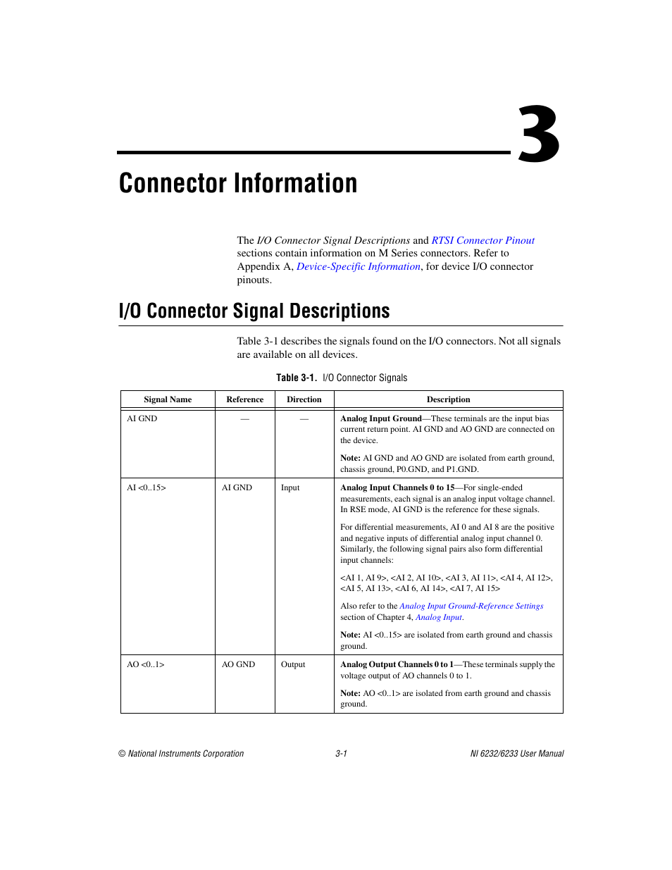 Chapter 3 connector information, I/o connector signal descriptions, Table 3-1. i/o connector signals | I/o connector signal descriptions -1, Connector information | National Instruments NI 6232 User Manual | Page 25 / 180