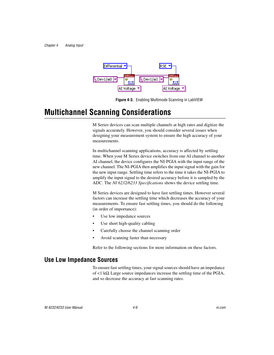 Figure 4-3. enabling multimode scanning in labview, Multichannel scanning considerations, Use low impedance sources | Multichannel scanning considerations -6, Use low impedance sources -6, Figure 4-3 | National Instruments NI 6232 User Manual | Page 33 / 180