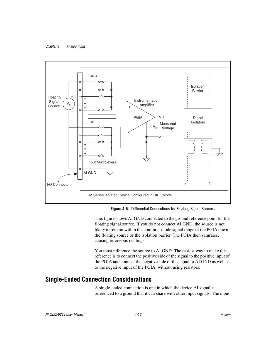 Single-ended connection considerations, Single-ended connection considerations -16 | National Instruments NI 6232 User Manual | Page 43 / 180