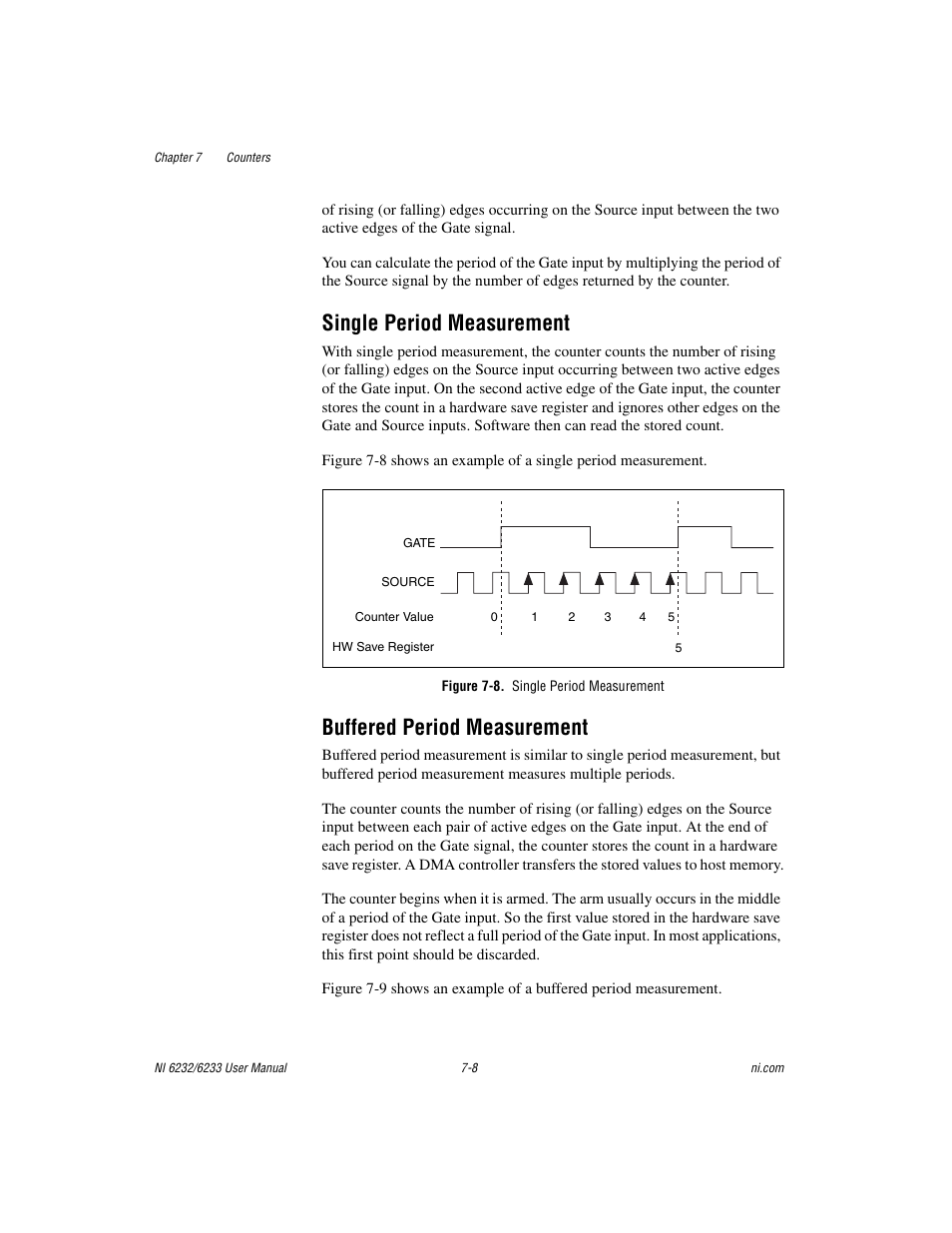 Single period measurement, Figure 7-8. single period measurement, Buffered period measurement | National Instruments NI 6232 User Manual | Page 81 / 180