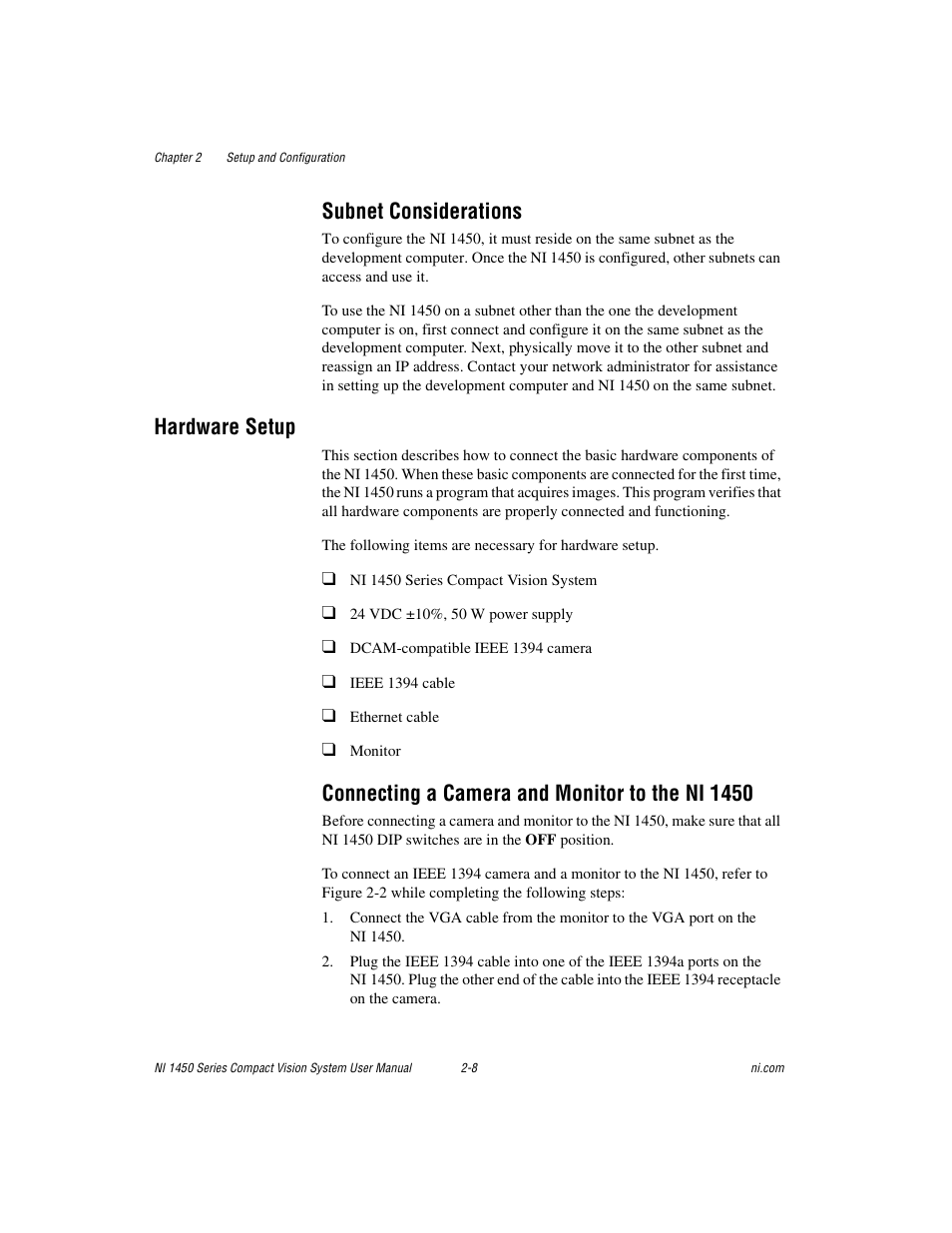 Subnet considerations, Hardware setup, Connecting a camera and monitor to the ni 1450 | Subnet considerations -8, Hardware setup -8, Connecting a camera and monitor to the ni 1450 -8 | National Instruments NI 1450 Series User Manual | Page 22 / 83