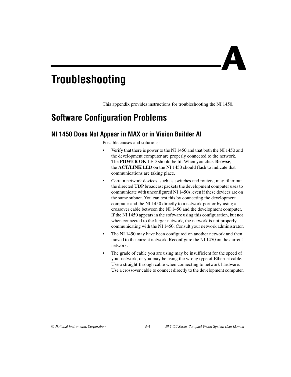 Appendix a troubleshooting, Ix a, Troubleshooting | Software configuration problems | National Instruments NI 1450 Series User Manual | Page 64 / 83