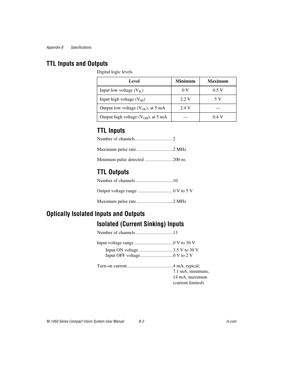 Ttl inputs and outputs, Ttl inputs, Ttl outputs | National Instruments NI 1450 Series User Manual | Page 69 / 83