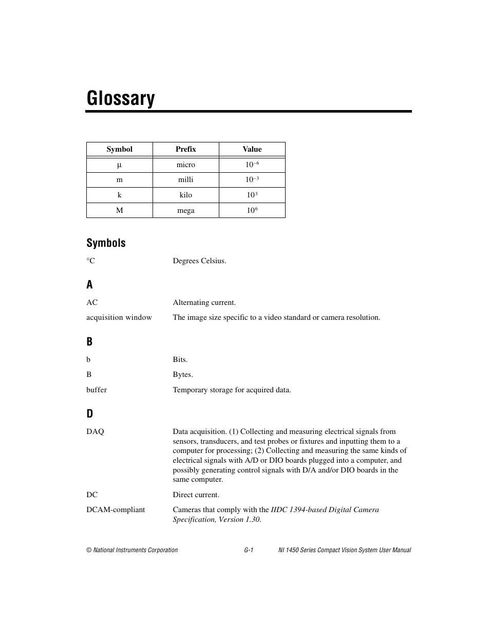 Glossary, Symbols | National Instruments NI 1450 Series User Manual | Page 75 / 83