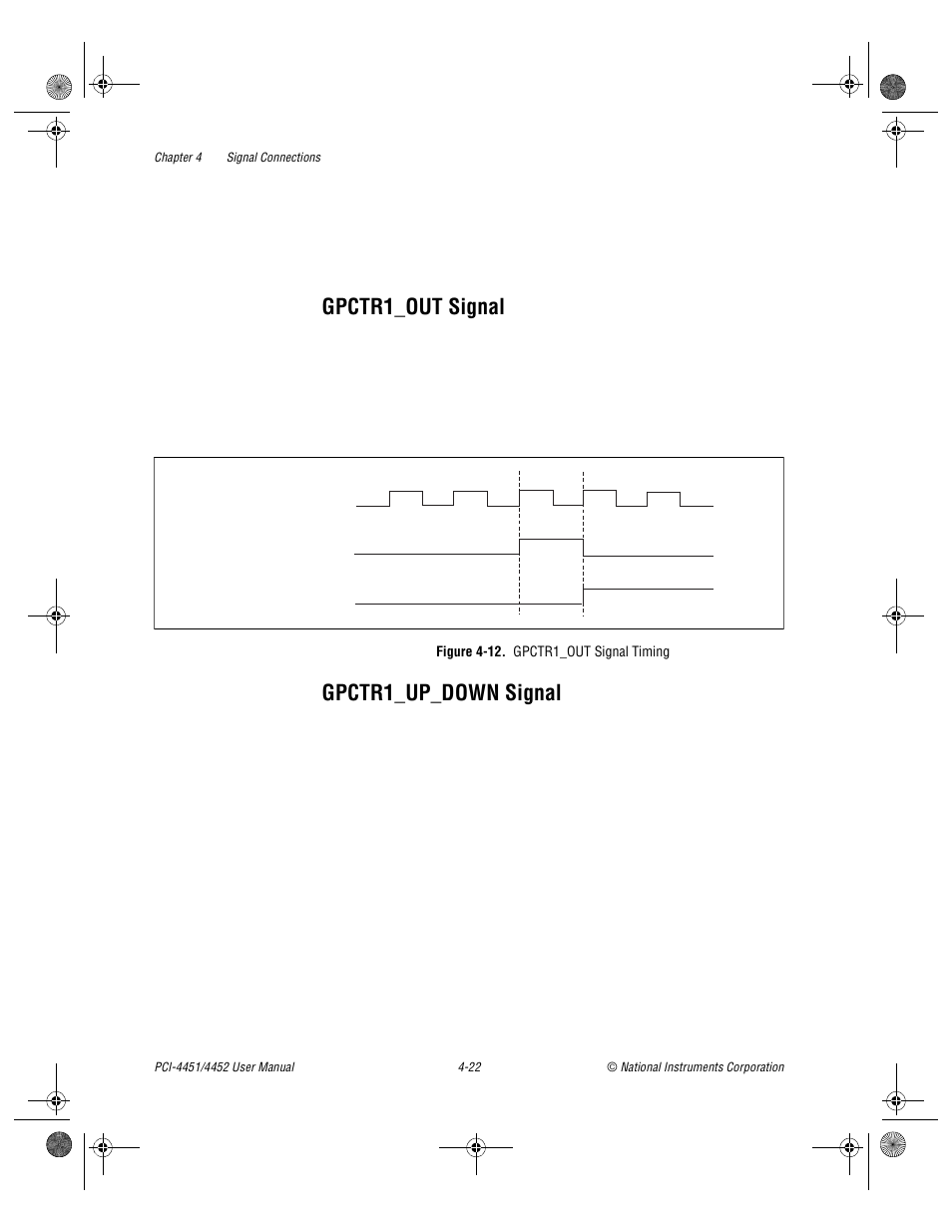 Gpctr1_out signal, Gpctr1_up_down signal, Figure 4-12. gpctr1_out signal timing | Gpctr1_out signal -22 gpctr1_up_down signal -22, Figure 4-12, Gpctr1_out signal timing -22 | National Instruments PCI-4452 User Manual | Page 52 / 115