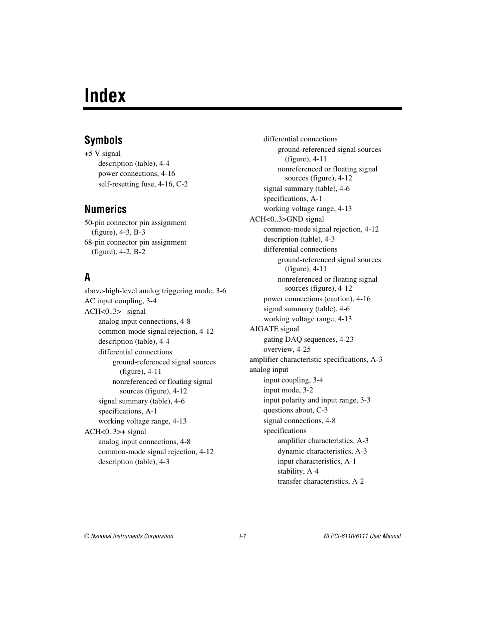 Index, Symbols, Numerics | National Instruments NI PCI-6110 User Manual | Page 108 / 118