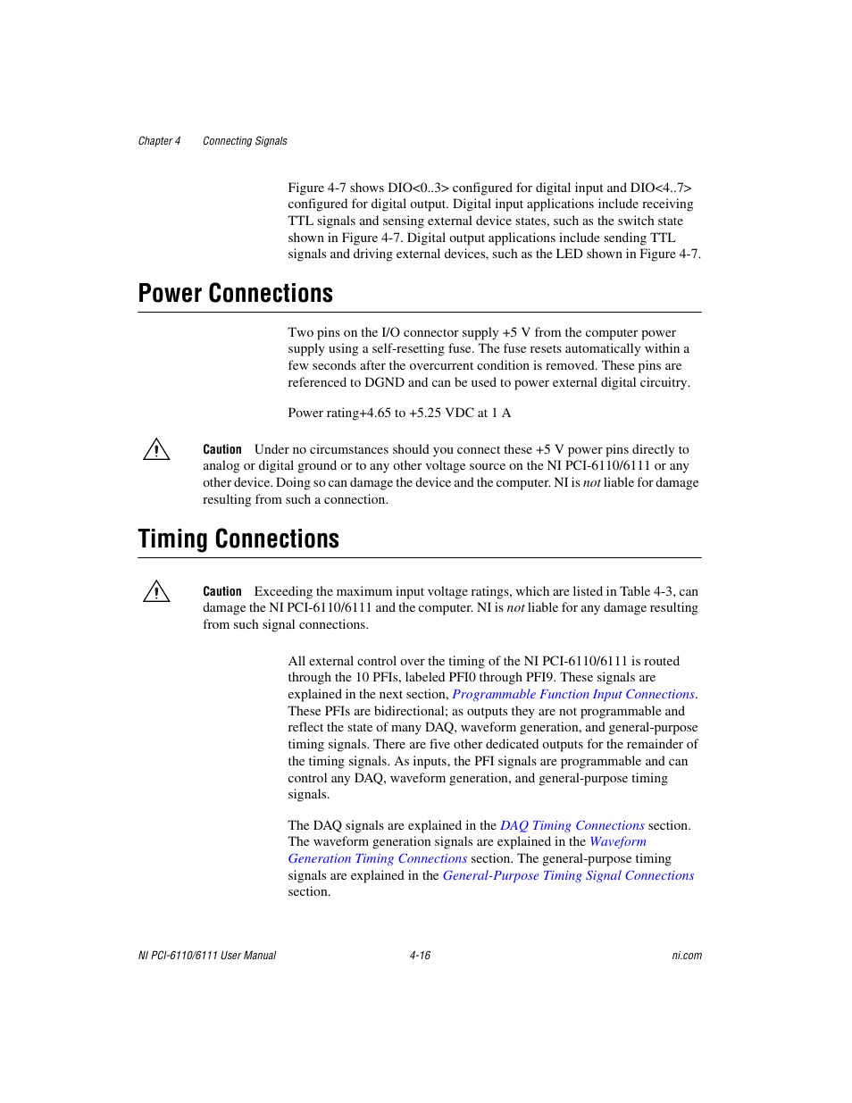 Power connections, Timing connections, Power connections -16 timing connections -16 | National Instruments NI PCI-6110 User Manual | Page 46 / 118